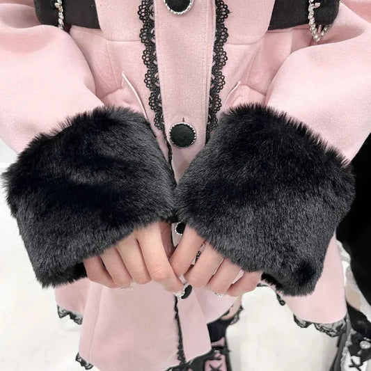 Japanese Sweet Winter Woolen Coat Lolita Style Cute Big Bow Fungus Edge Long Sleeve Slim Kawaii Girls Women Elegant Overcoat