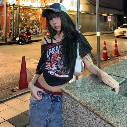 Off Shoulder Retro Y2k Tops Letter Print Short Sleeve T-Shirt Harajuku Slimming Women Top 2025 Summer New Women's Clothing SS69