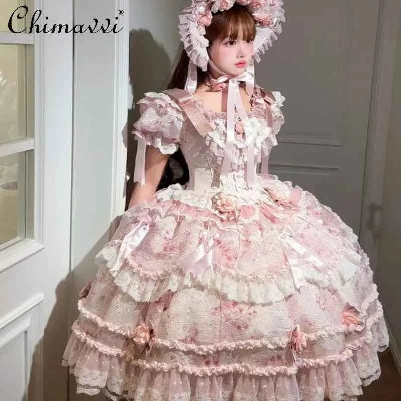 Original Heavy Birthday Party Lolita Puffy Dress Sweet Girls Back Big Bow Tail Vintage High-end Women's Elegant OP Dress