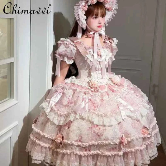 Original Heavy Birthday Party Lolita Puffy Dress Sweet Girls Back Big Bow Tail Vintage High-end Women's Elegant OP Dress