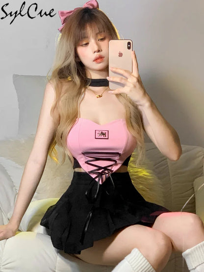 Sylcue Stitching Pink Sexy Hanging Neck Elastic Outer Wear Mature Charm Hot High Street Royal Sister Women's Vest Short Top SS69