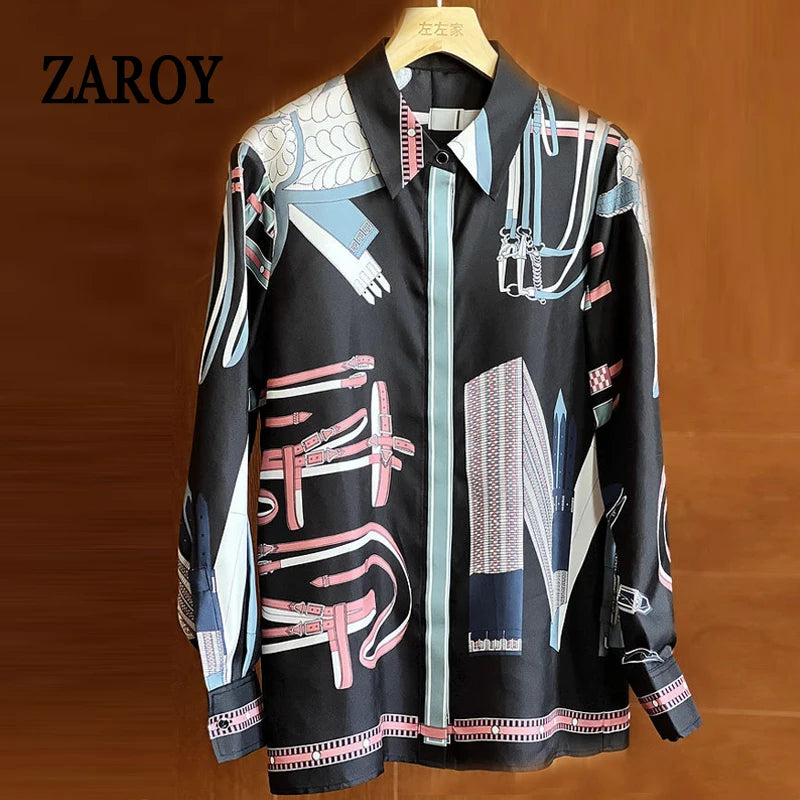 Camisas Newest Exclusive Women Luxury Shirt Long Sleeve Lapel Satin Shirt Old Money Print Brand Design Shirt OL Blouse руба