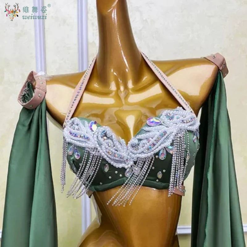 Belly Dance Outfit Suit Women's Customized Senior AB Stones Bra+sexy Split Long Skirt 2pcs Oriental Dance Performance Costumes