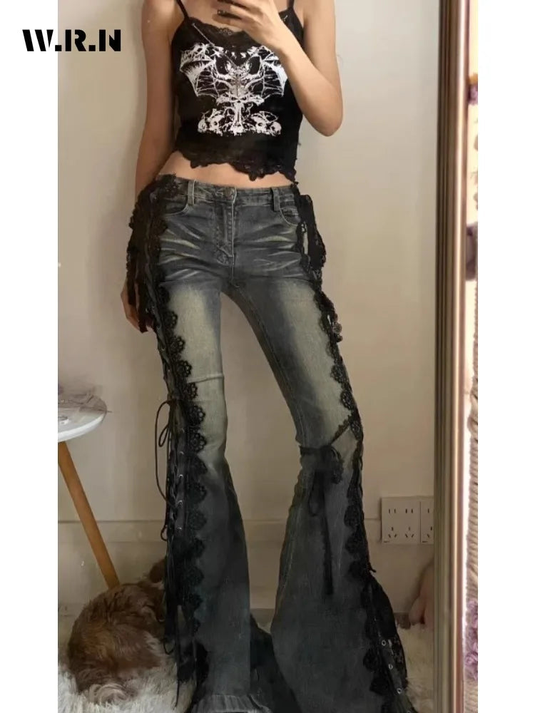 Retro Eyelets Lace Up Flare Jeans Stitch Lace Whiskers Low Rise Split Bootcut Pants Women Bell Bottoms Streetwear Y2k Aesthetic SS69