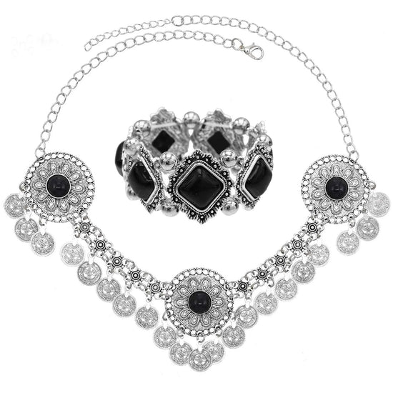 Traditional Kazakhstan Ethnic Coins Bracelet Hair Accessories  for Women Vintage Nepalese Tibetan Clothing Headwear Jewelry Set