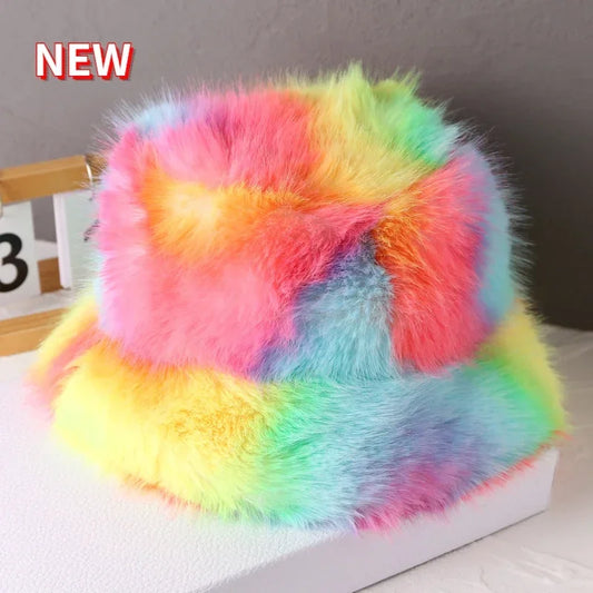 2025 Fluffy Faux Fur Bucket Hats Women Rabbit Fur Warm Thick Plush Winter Hat Lady Fashion Luxury Panama Furry Fisherman Cap Y2k