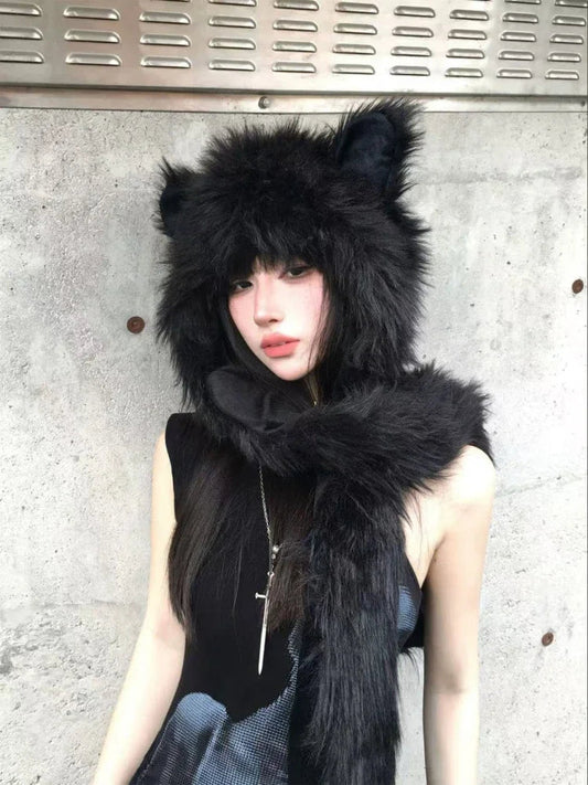 Japanese Kawaii Cute Fur Scarf Hat Winter Keep Warm Y2k Aesthetic Fashion Vintage Cap Bears Ears Women Hats Grunge Streetwear SS69