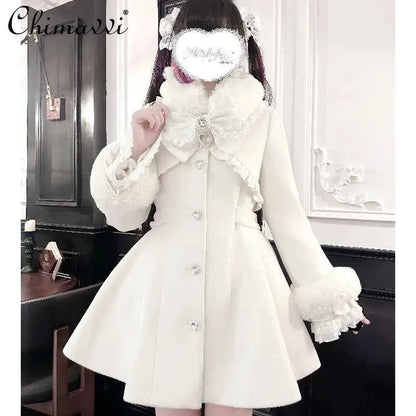 Japanese Mass-Produced Long Wool Collar Coat 20% Wool Waist-Cinching Sweet Girl Long Sleeve Slim Fit Elegant Lolita Woolen Coat