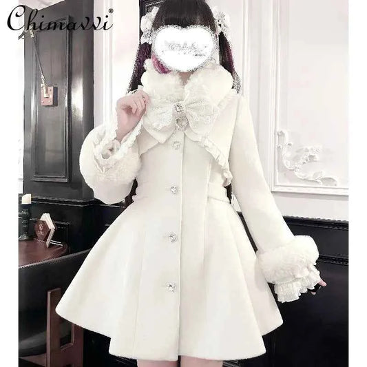 Japanese Mass-Produced Long Wool Collar Coat 20% Wool Waist-Cinching Sweet Girl Long Sleeve Slim Fit Elegant Lolita Woolen Coat
