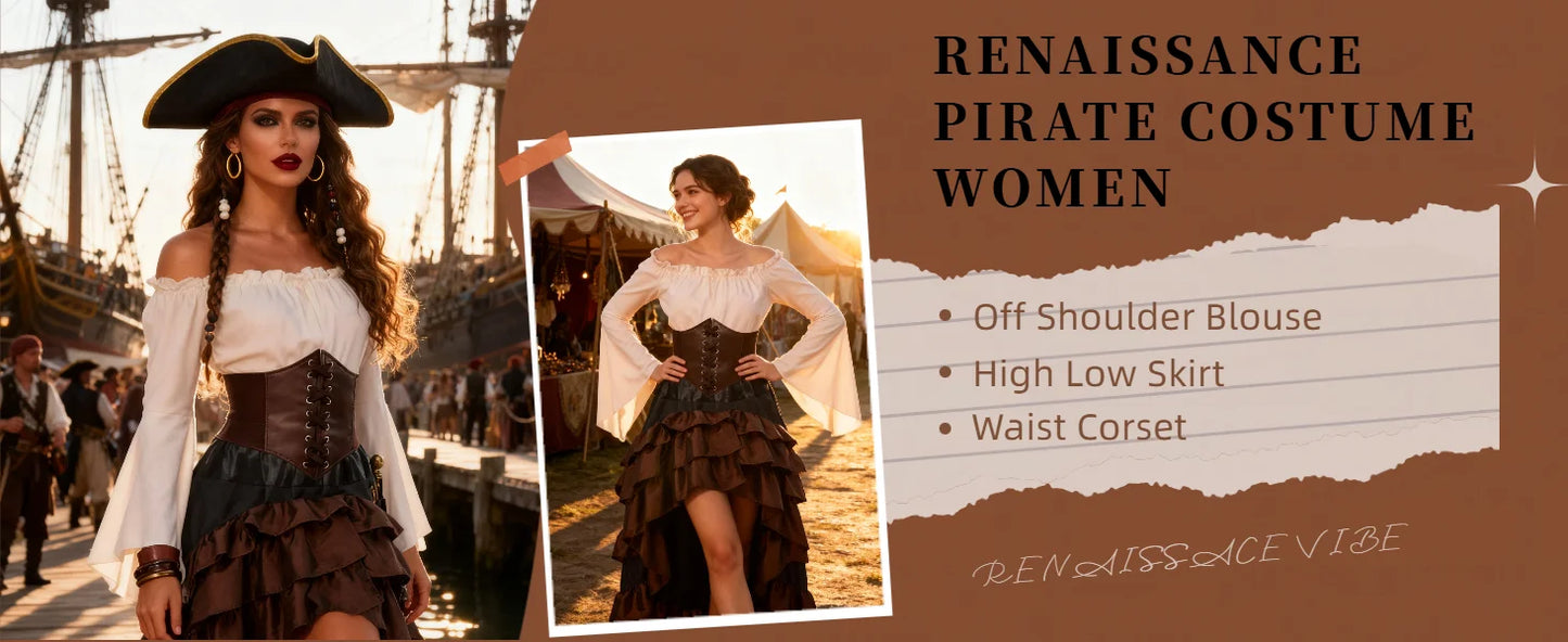 Verceco Pirate Costume Women Outfit with Renaissance Pirate Shirt Skirt Corset Waist Belt Womens Halloween Pirate Costumes