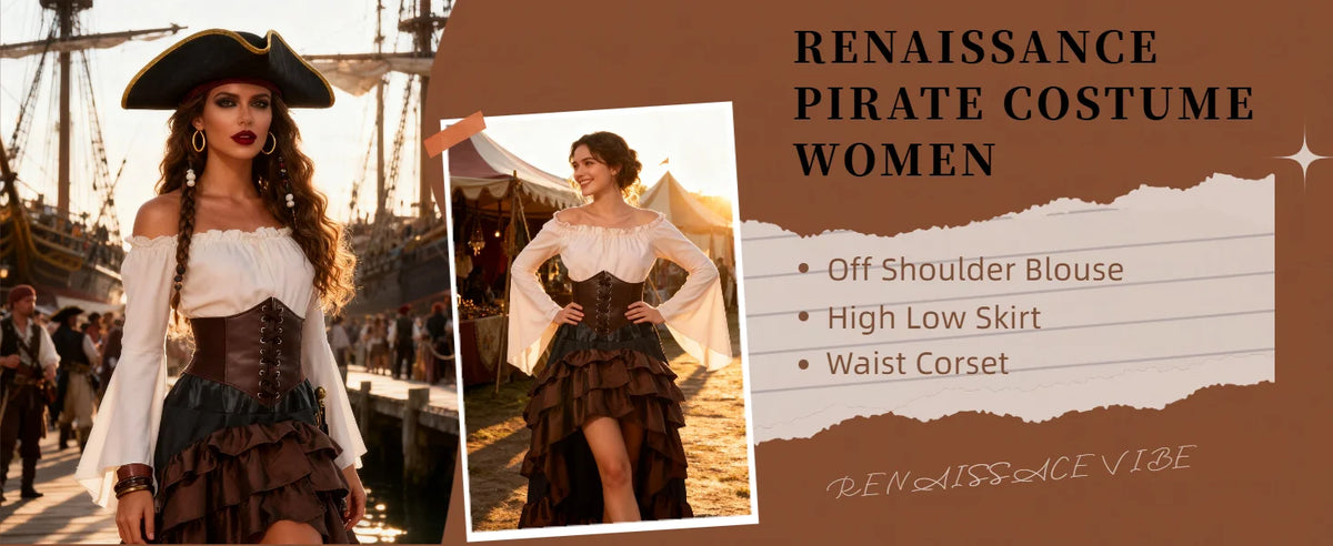 Women's Renaissance Pirate Costume Set with Skirt and Corset