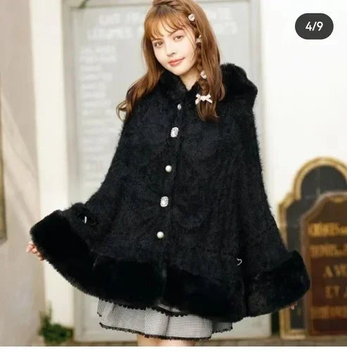 Godivana Lolita Faux Rabbit Fur Cape Coat with Rhinestone Bow and Hood