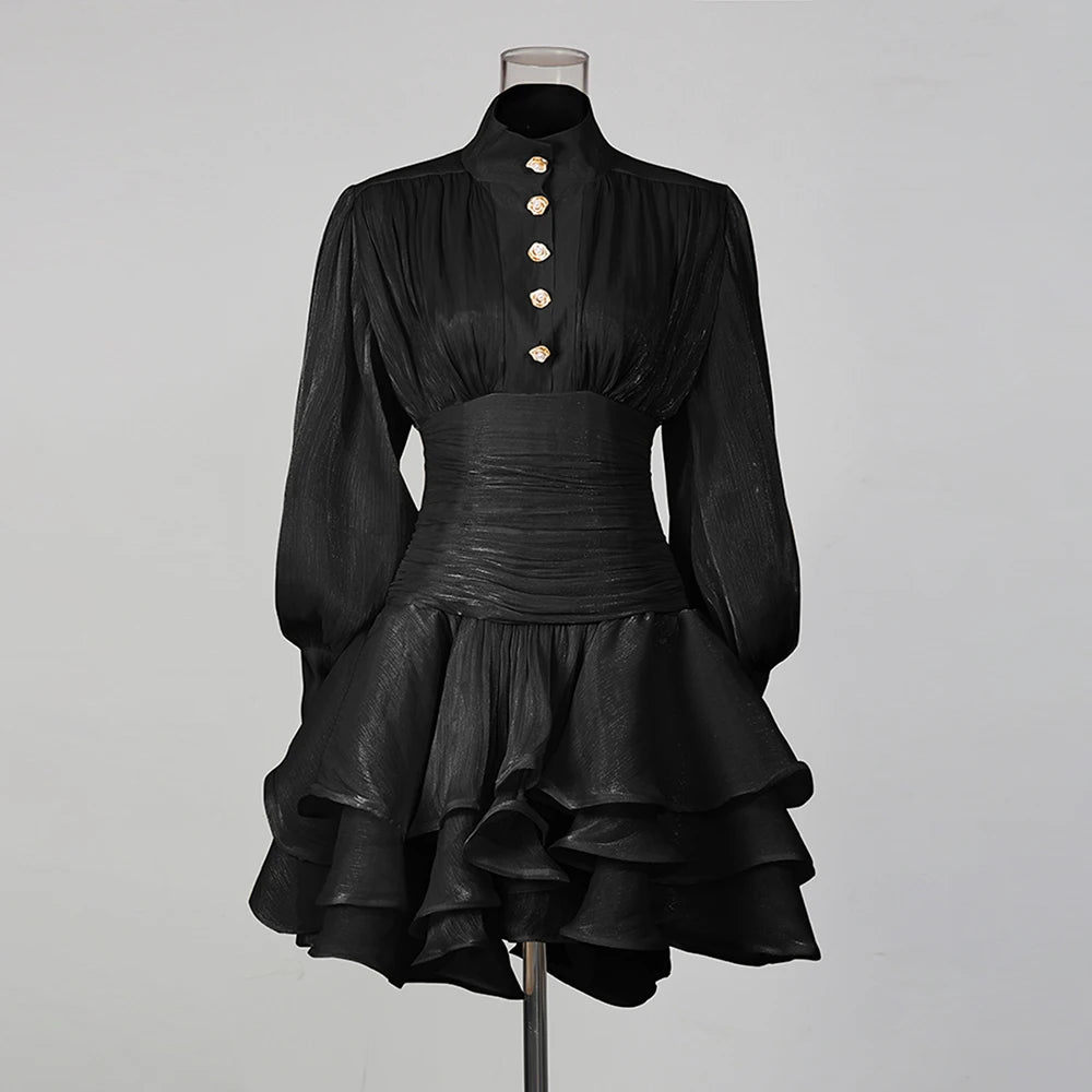 TWOTWINSTYLE Solid Spliced Ruffles Dress Female Stand Collar Long Sleeve Loose French Elegant Women's Dresses Autumn Fashion New