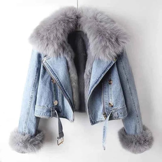 Women Faux Fox Fur Collar Jean Coat Winter Denim Jacket Female Short Warm Parkas Rabbit Hair Lining Outwear Fashion Overcoat