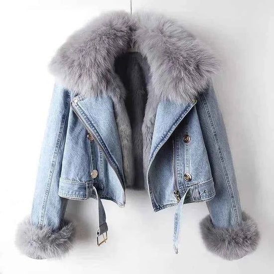 Women Faux Fox Fur Collar Jean Coat Winter Denim Jacket Female Short Warm Parkas Rabbit Hair Lining Outwear Fashion Overcoat