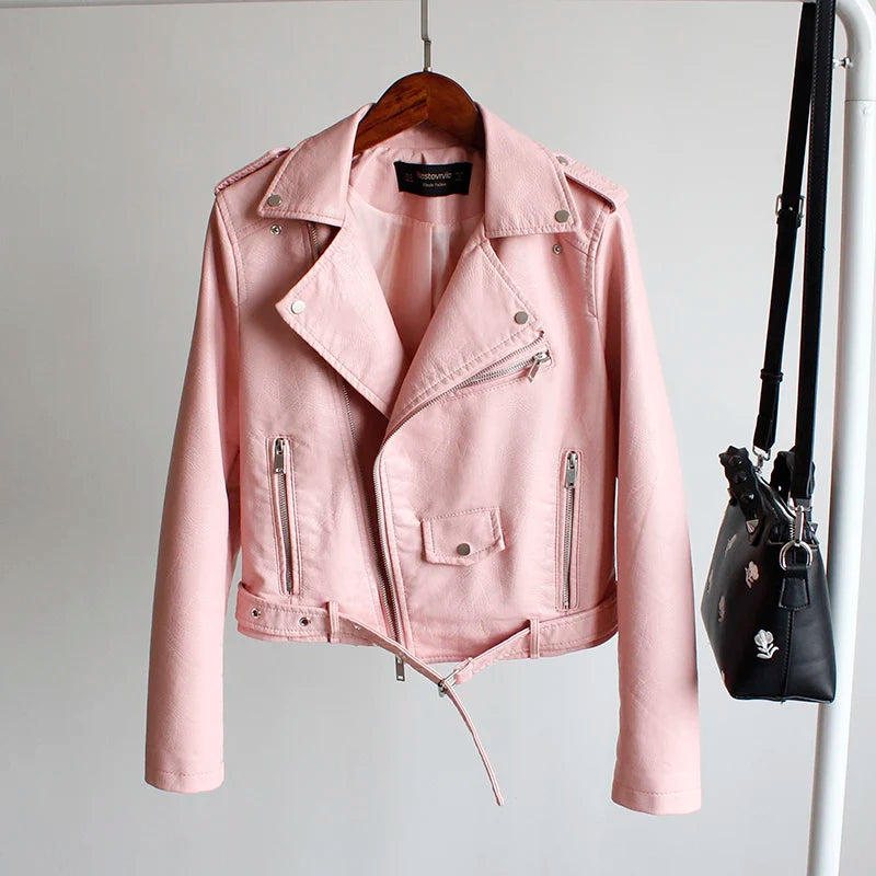 Women's PU Leather Motorcycle Jacket - Slim Fit, Turn-Down Collar