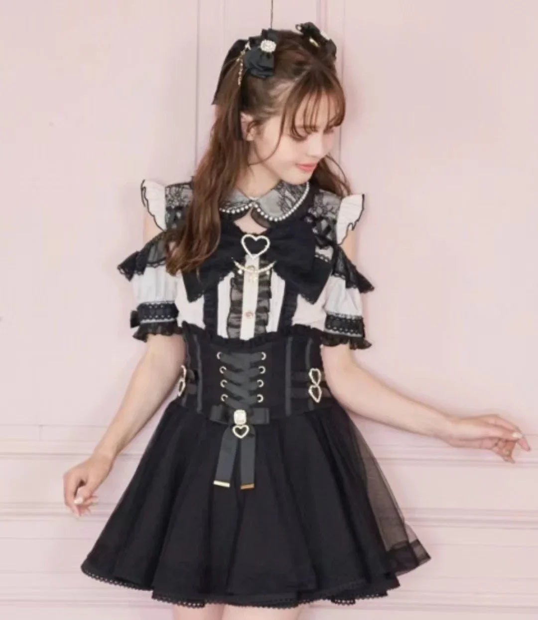 Japanese Liz Mine Women's Shirt Summer Off Shoulder Big Bow Short Sleeve Top Cute Girl BlousesHigh Waist Skirt 2 Piece Skirt Set SS69