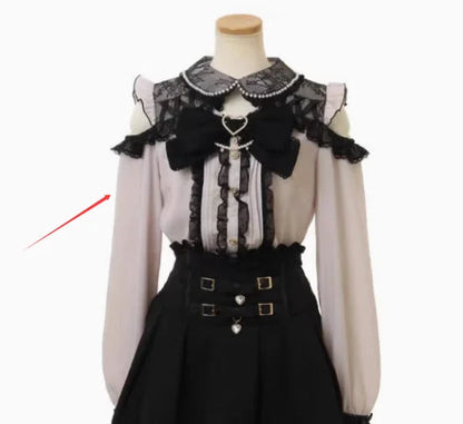 Japanese Liz Mine Women's Shirt Summer Off Shoulder Big Bow Short Sleeve Top Cute Girl BlousesHigh Waist Skirt 2 Piece Skirt Set SS69 61.69 black pink shirt / M