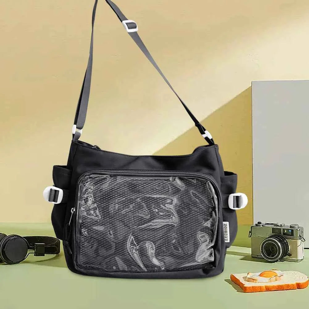 Women Ita Bag Japanese Style Shoulder Purse with Clear Window Cartoon Book Bag Multi-pockets Adjustable Strap Trendy Outdoor Bag