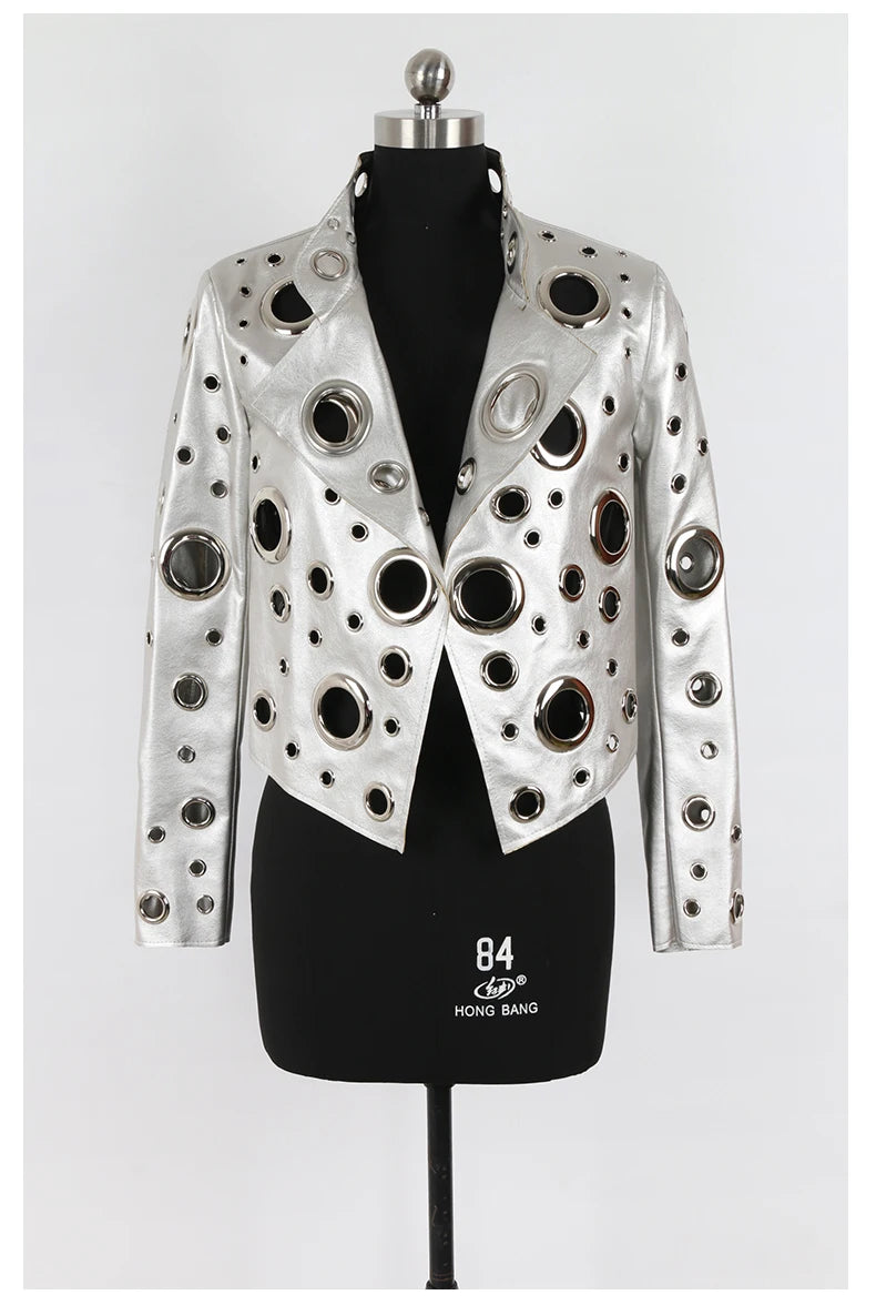 Nerazzurri Women's Faux Leather Jacket with Rivets & Hollow Out Detail