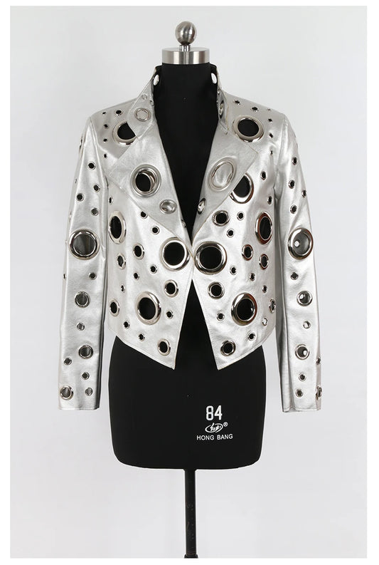 Nerazzurri Spring Autumn Short Hollow Out Pu Leather Jacket Women Rivet Cool Stylish Luxury Designer Clothes Runway Fashion 2024