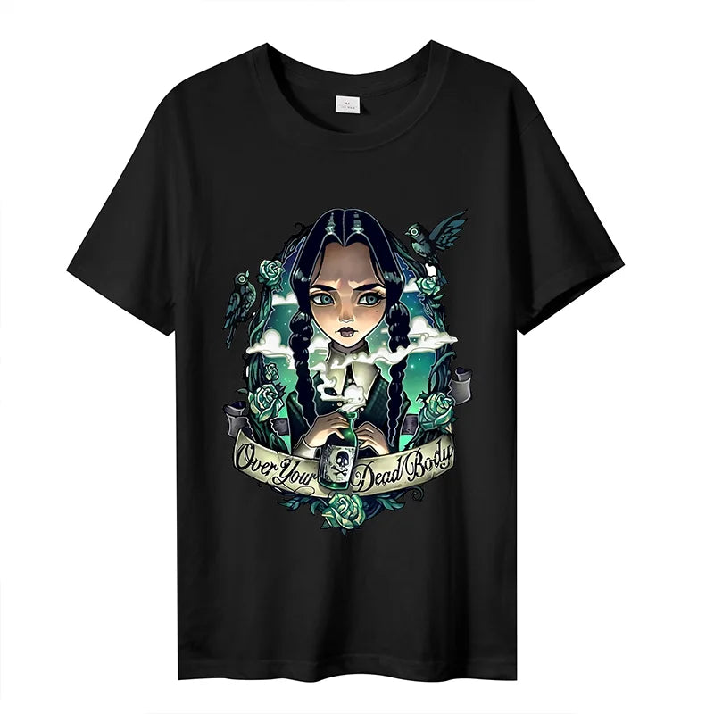 Wednesday Addams Women Casual T-shirt Summer Adult Cartoon Printed Tee Tops Girls Round Neck Clothing Short Sleeve Fashion Gifts SS69