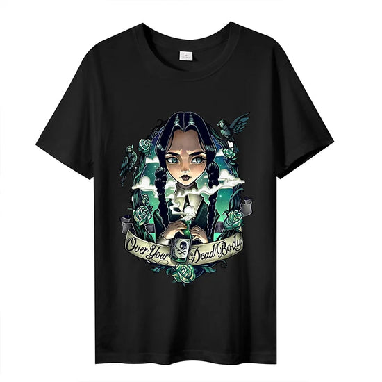 Wednesday Addams Women Casual T-shirt Summer Adult Cartoon Printed Tee Tops Girls Round Neck Clothing Short Sleeve Fashion Gifts SS69