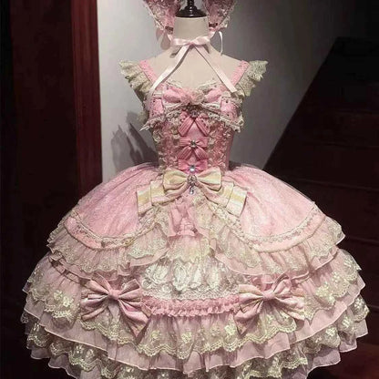 Kawaii Lovely Slim Lolita Dress Women Design Sweet Bow Sleeveless Sling Dresses Elegant Cute Pretty New Clothing