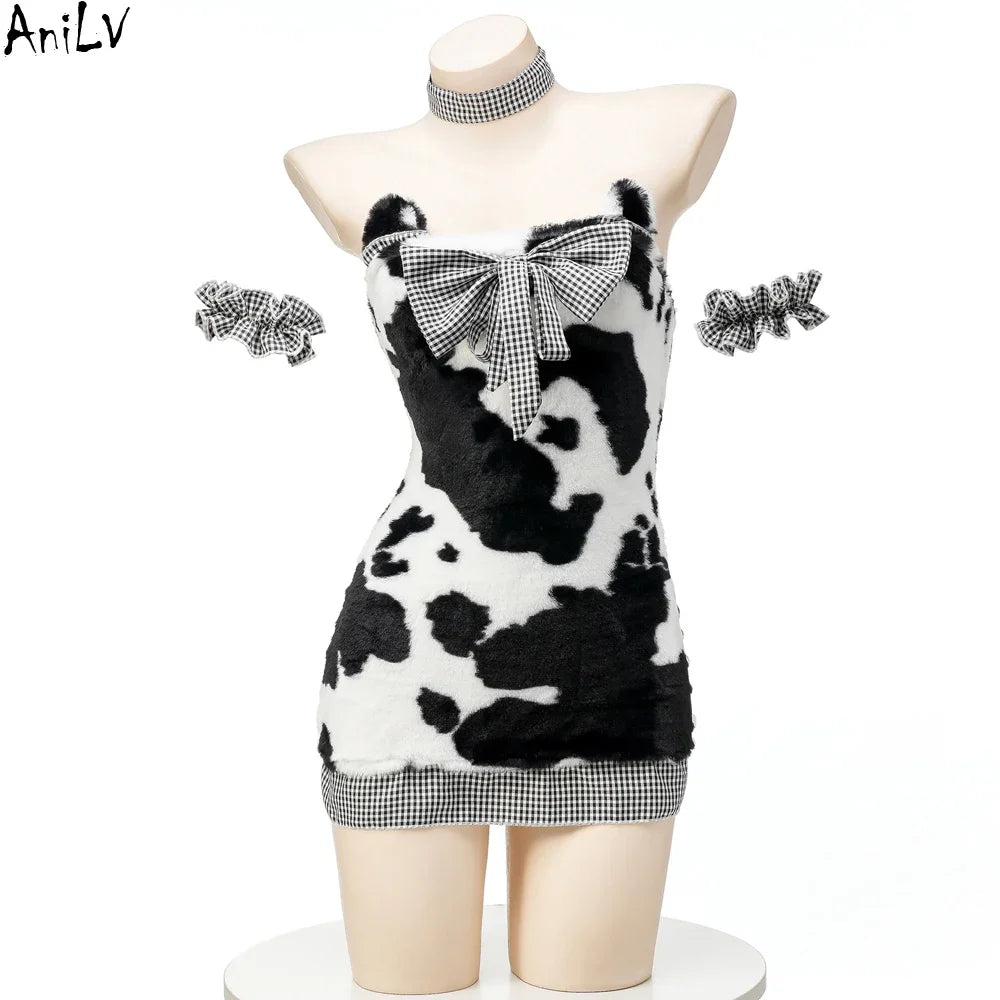 AniLV Cow Print Bikini Set with Maid Apron