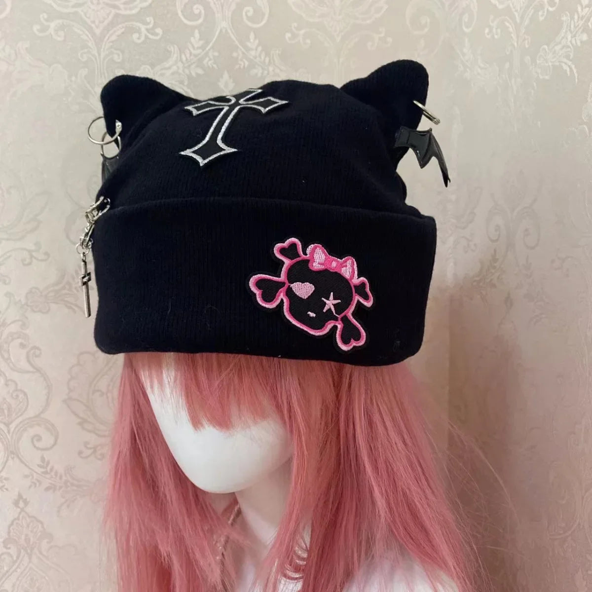Gothic Punk Cat Ear Hat Cross Skeleton Knitted Black Y2K Girl Subculture Cute Lace Net Hat Chinese Brand None( AE Stock) SS69