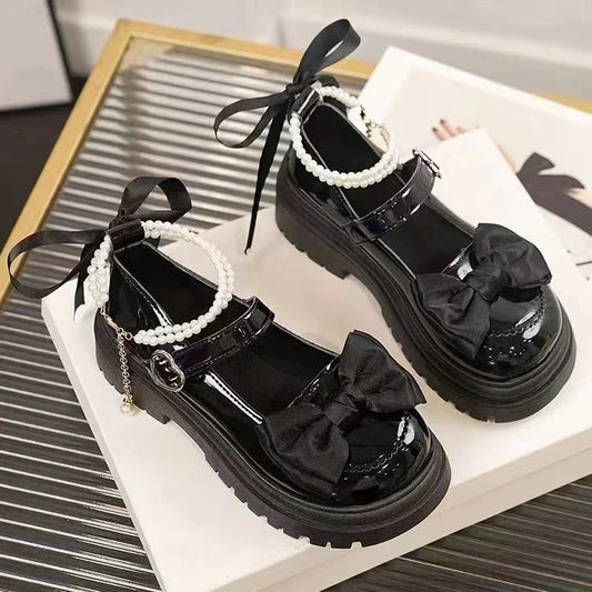 Women's Casual Shoes New Kawaii Pearl Chain Mary Jane Women's Shoes Fashion Versatile Lolita Loafers Outdoor Sandals 여성화 로레타 - SS69