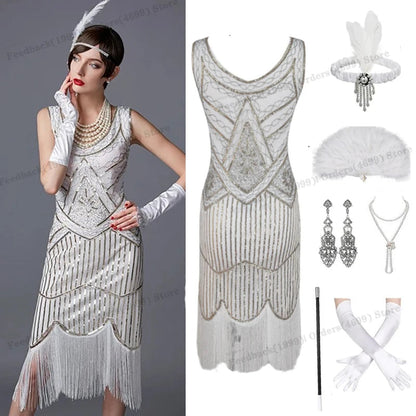 1920s Gatsby Dress 20s Flapper Girl Fancy Retro Sleeveless Sequins Embroidered Tassels Party Dress With Fan Necklace Accessories SS69