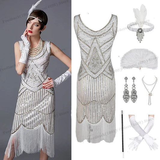 1920s Gatsby Dress 20s Flapper Girl Fancy Retro Sleeveless Sequins Embroidered Tassels Party Dress With Fan Necklace Accessories SS69
