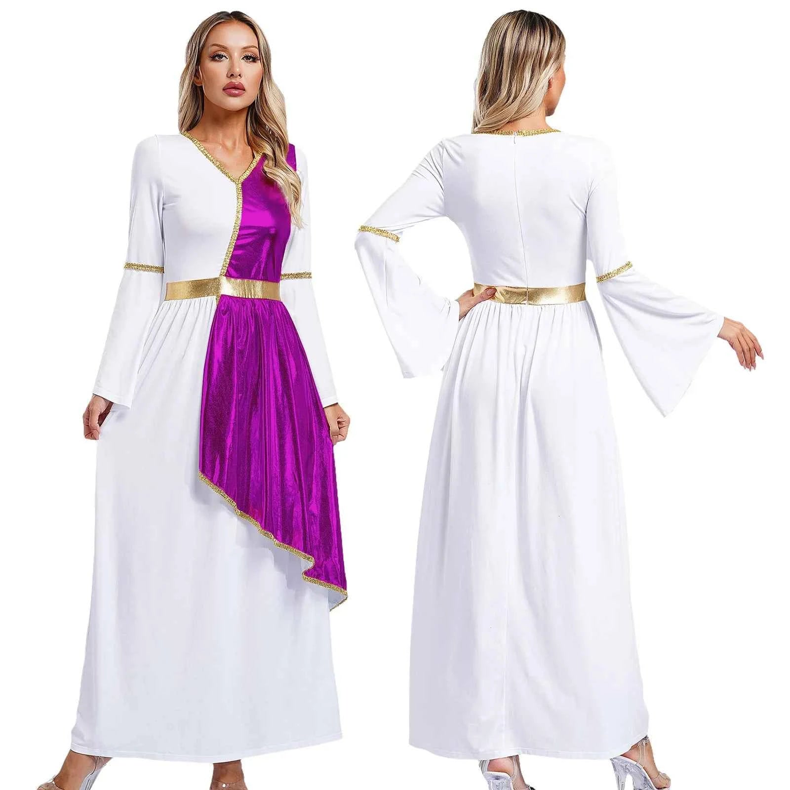 Woman's Greek Aphrodite Nymph Halloween Cosplay Costume Shiny Bell Long Sleeve Maxi Robe Dress Church Choir Prayer Gown
