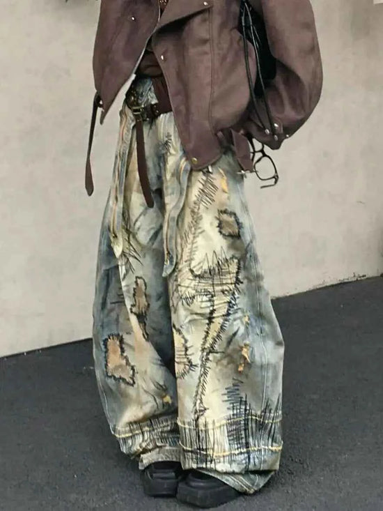 American Street Destruction Style Embroidered Denim Pants Oversized Retro Wash Personality Fashion Loose Casual Wide Leg Jeans