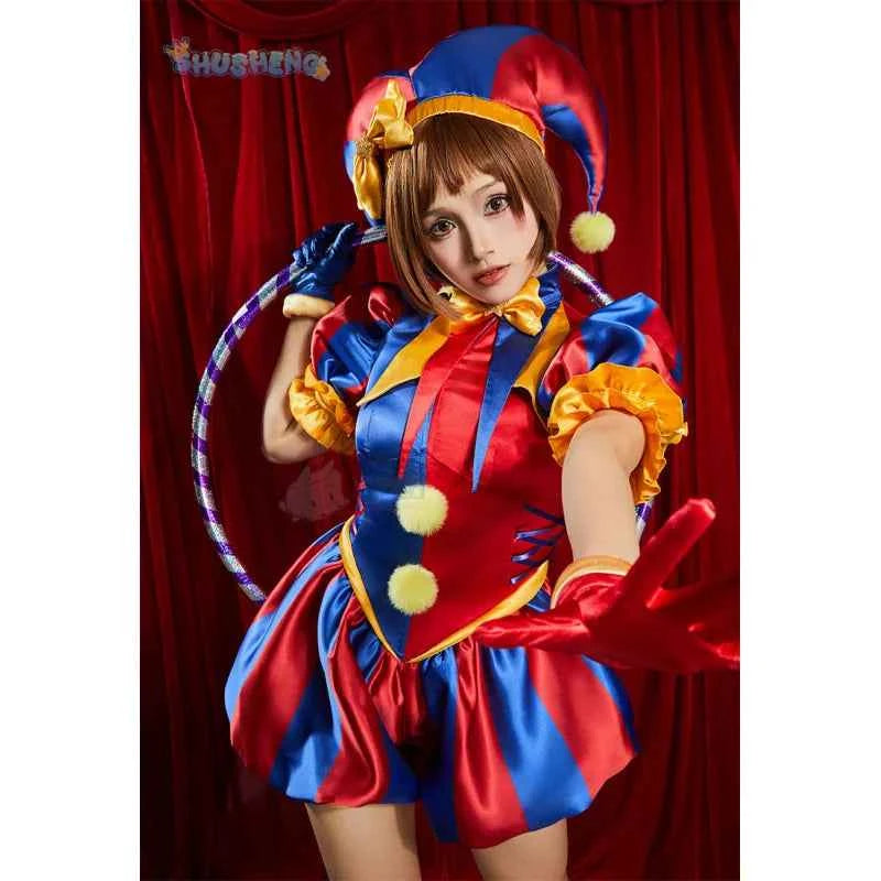 Adult  Digital Circus Cosplay Costumes Pomni Cosplay Masks Set Hat Jumpsuit Cartoon Christmas Halloween Party Cute Clown wig set