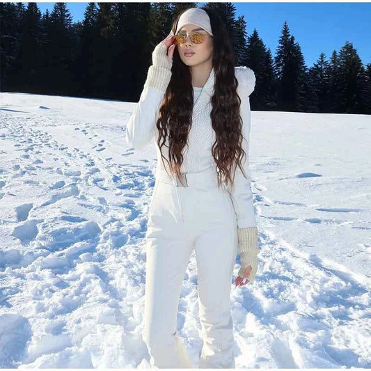 Fashion Solid Warm Ski Suit Women's Hood Fur Trim Full Sleeves Belt Coats High Waist Pants 2025 Winter Lady Windproof Tracksuit