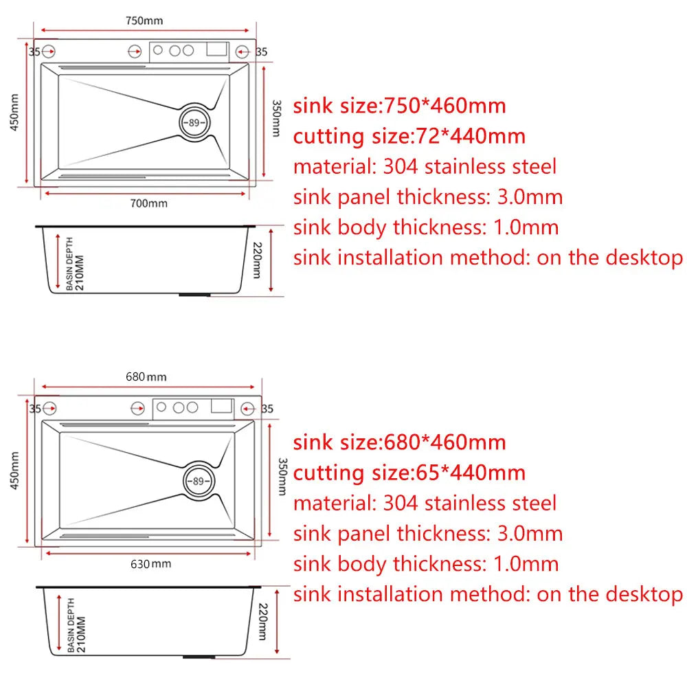CKWS 304 Stainless Steel Waterfall Kitchen Sink with LED Display