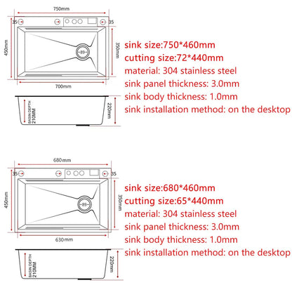 CKWS 304 Stainless Steel Waterfall Kitchen Sink with LED Display, Gun Gray