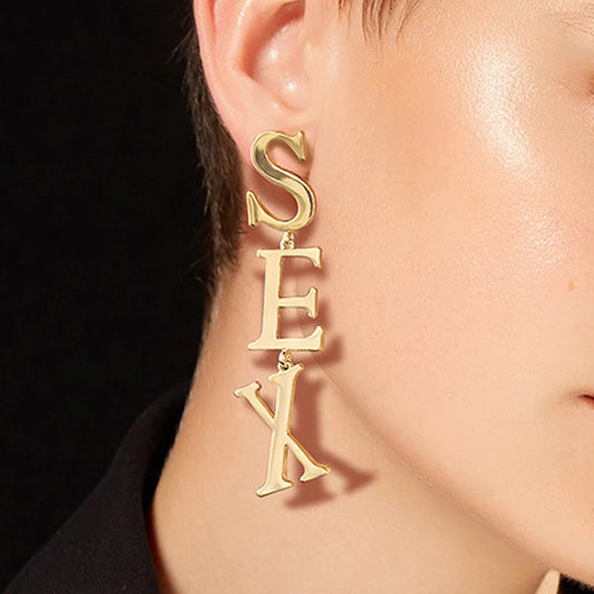 Punk Letter SEX Shape Dangle Earrings for Women Vintage European Metal Drop Earrings Golden Silver Color Black Red Green Jewelry SS69