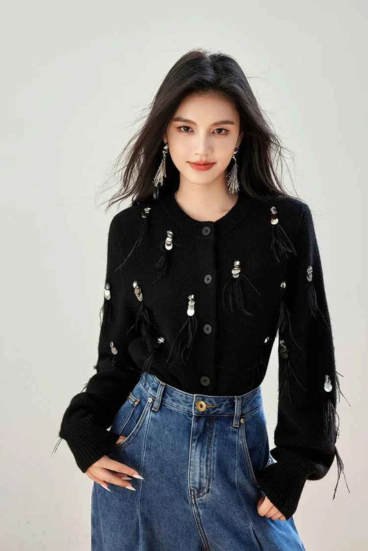 H Han Queen Autumn Simple Basic Black Tasseled Sequins Knitted Coats Cardigan Sweater For Womens Tops Long Sleeve Cardigans