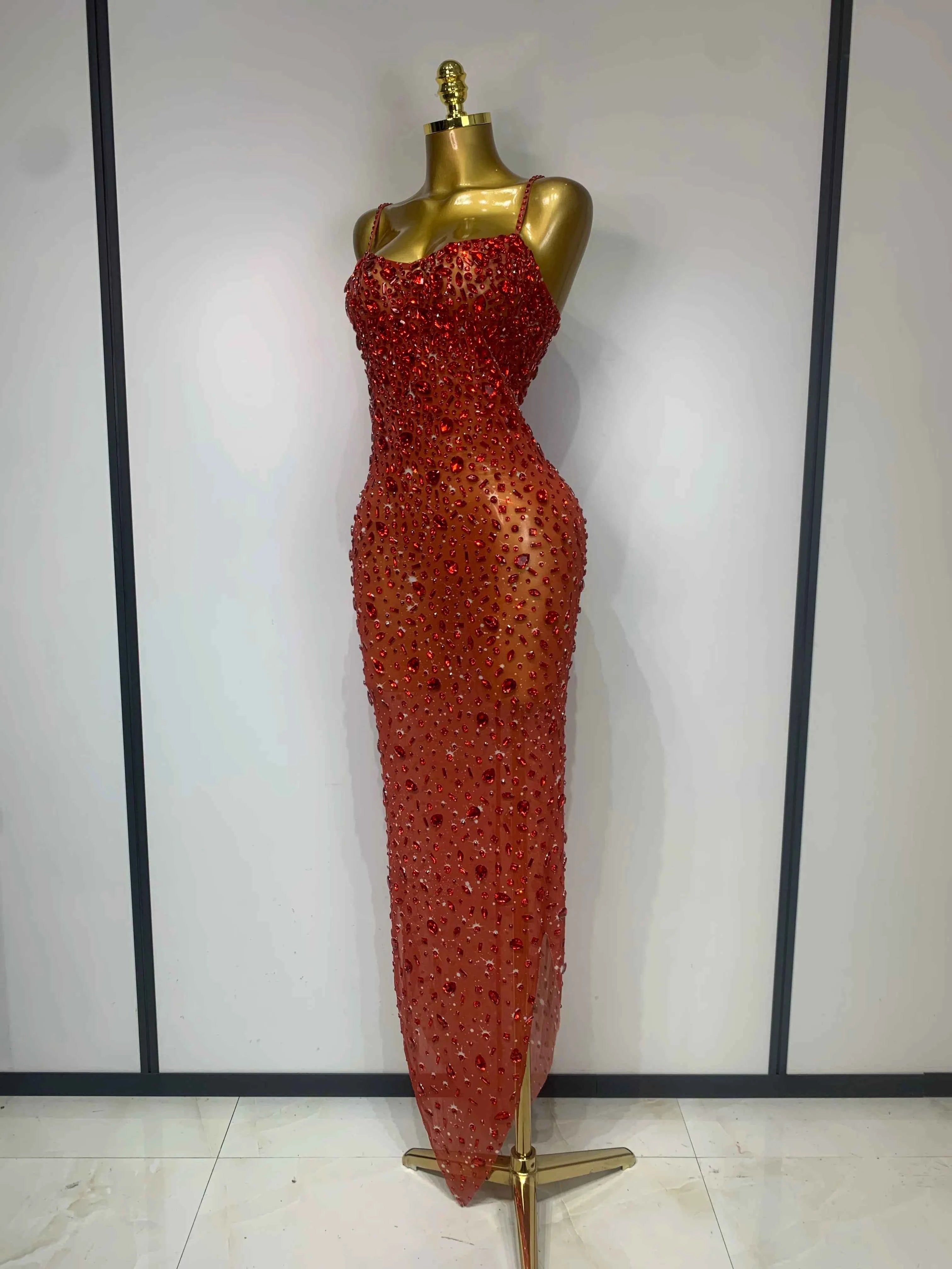 Luxury Rhinestones Sexy Mesh See Through Bodycon Dress Women Birthday Evening Cocktail party Gown Red Carpet Club Stage Outfit