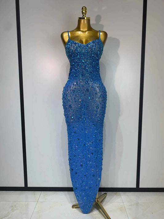 Luxury Rhinestones Sexy Mesh See Through Bodycon Dress Women Birthday Evening Cocktail party Gown Red Carpet Club Stage Outfit