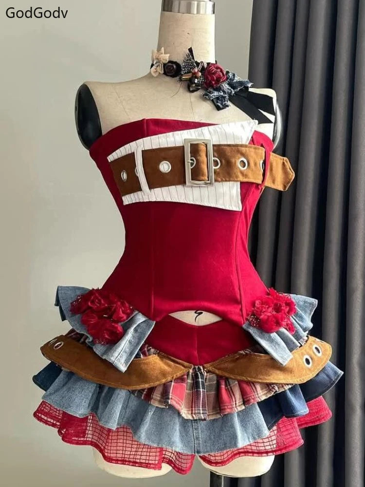 Preppy Style Vintage Red Denim Bustier Tops + Sweet Spicy Pure Design Mini Cake Skirt Women 2 Piece Sets Summer 2025 Korea Style SS69