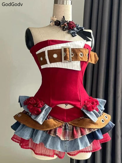 Preppy Style Vintage Red Denim Bustier Tops + Sweet Spicy Pure Design Mini Cake Skirt Women 2 Piece Sets Summer 2025 Korea Style SS69