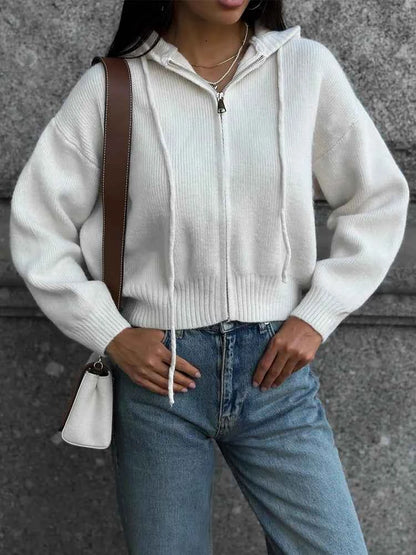 Autumn Knitted Women's Short Cardigan with Zipper Gray Winter Sweater Casual Cute Vintage White Cardigan for Women with Hood