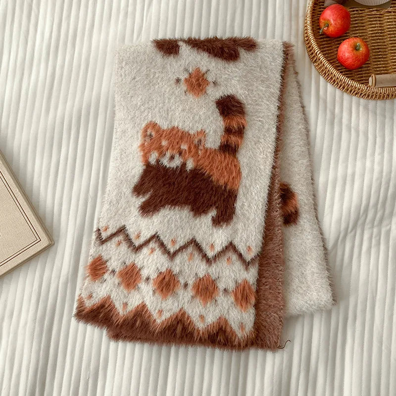 170cm Cute Red Panda Knit Imitate Mink Wool Scarf Soft Comfort Women Winter Neckerchief Girls Students Warm Scarves