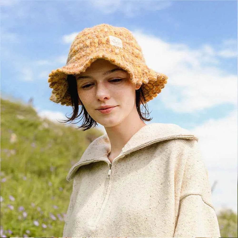 OhSunny Autumn Winter Wavy Brim Bucket Hats,Rainbow Cute Thermal Caps Women's Outdoor Warm Hand-knitted Fisherman Caps Packable