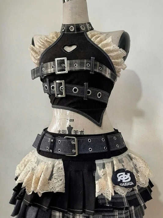 Harajuku Retro Summer New Girl Multi-layer Pleated Skirt Suit Heavy Industry Women's 2 Piuece Sets Lace Splicing Irregular Top SS69