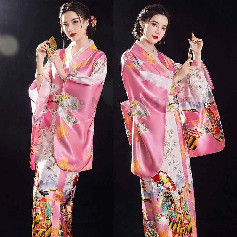 Women's Japan Kimono Gown Traditional Vintage Dress Fashion Print Geisha Robe Yukata with Obi Novelty Elegants Kimono Costume